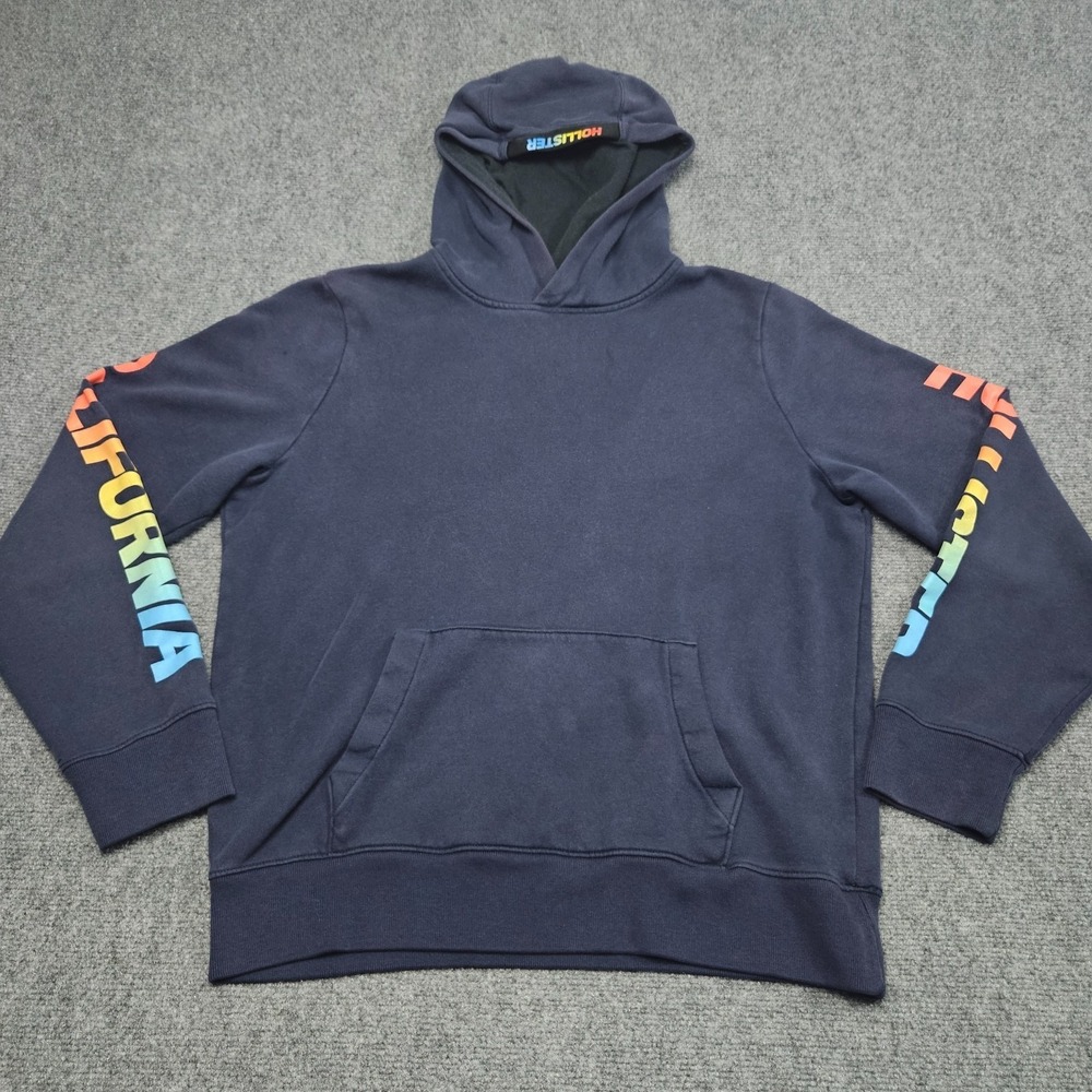 Hollister Hoodie Mens Large Navy Blue Rainbow Sleeve Graphic California Pullover